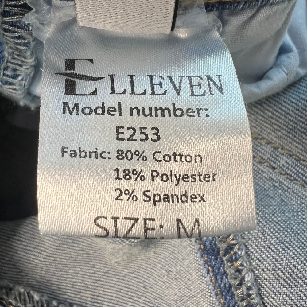 ELLEVEN Denim Overall Skirt Women Medium Blue Frayed Hem Bib Pocket NWT - Picture 10 of 11